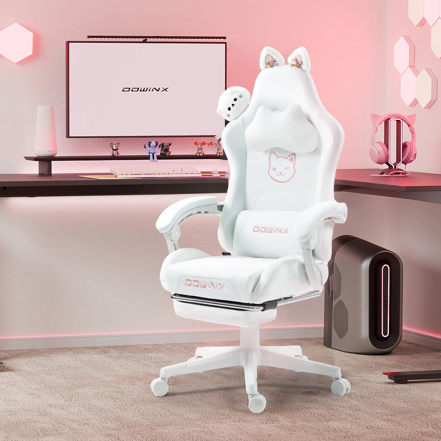 Niedlicher Gaming-Stuhl mit Katzenohren, Fußstütze, pinker Kawaii-Computerstuhl, ergonomischer Gamer-Sitz mit hoher Rückenlehne und Lendenstütze in Katzenpfotenform