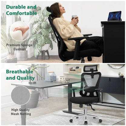Durrafy Ergonomic Office Chair with Headrest & Armrests, Adjustable Swivel Desk Chair, 90°-130° Reclining Executive Mesh Chair for Home Office