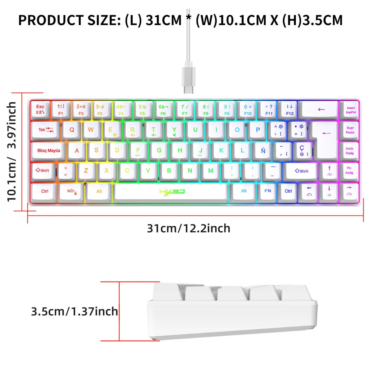 RGB backlit keyboard Russian 69 keys white membrane gaming wired ergonomic Keyboards for compact mini  for pc laptop color black
