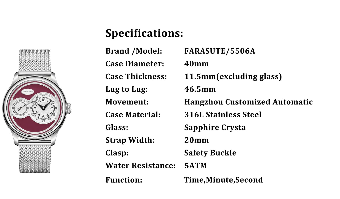 FARASUTE New Casual Fully Automatic Mechanical Men Watch Luxury Sapphire Stainless Steel Wristwatch 5Bar Waterproof Reloj Hombre