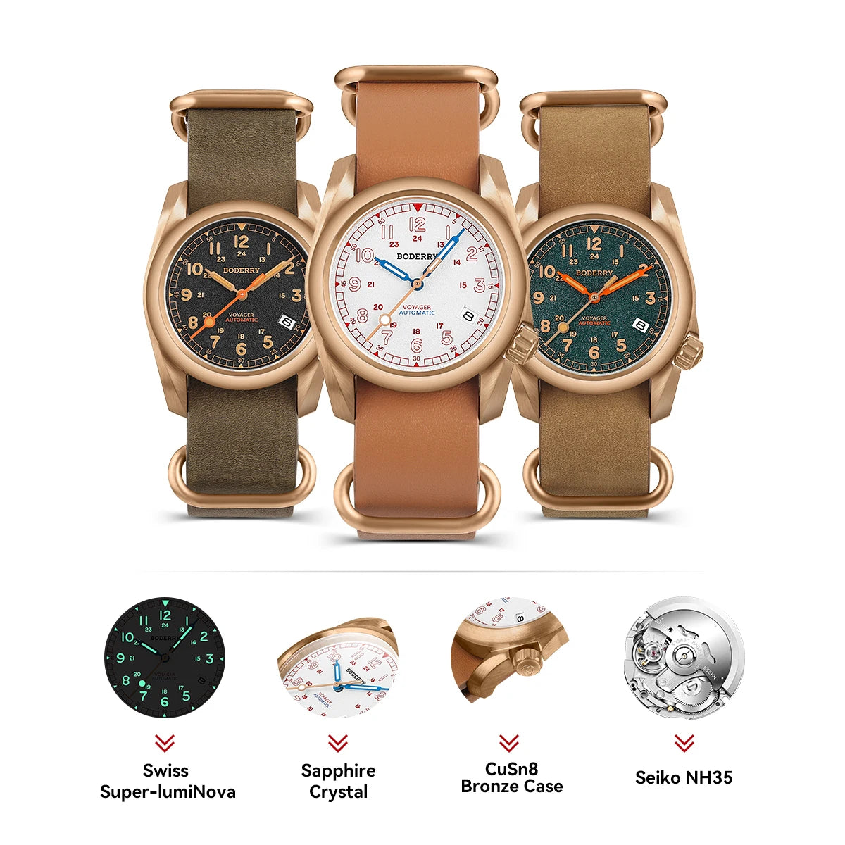 Boderry Field Watches Bronze Case Automatic Mechanical VOYAGER Watch Men's 100M Waterproof Clock Military Top Brand Wristwatch