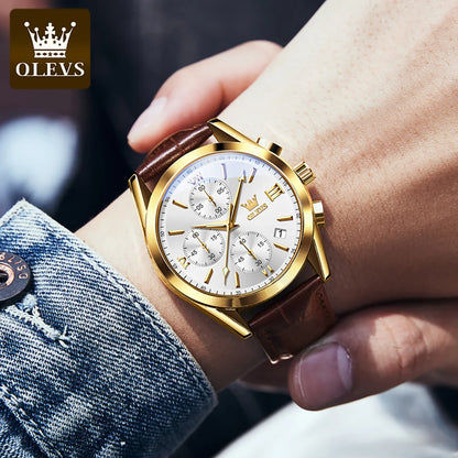 Reloj de pulsera cronógrafo para hombre OLEVS 2872 – Correa de piel, resistente al agua, agujas luminiscentes, movimiento de cuarzo, estilo deportivo de lujo