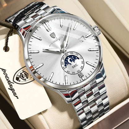 Montre homme de luxe POEDAGAR, style décontracté, en acier inoxydable, à quartz, étanche, lumineuse, avec date, élégante.