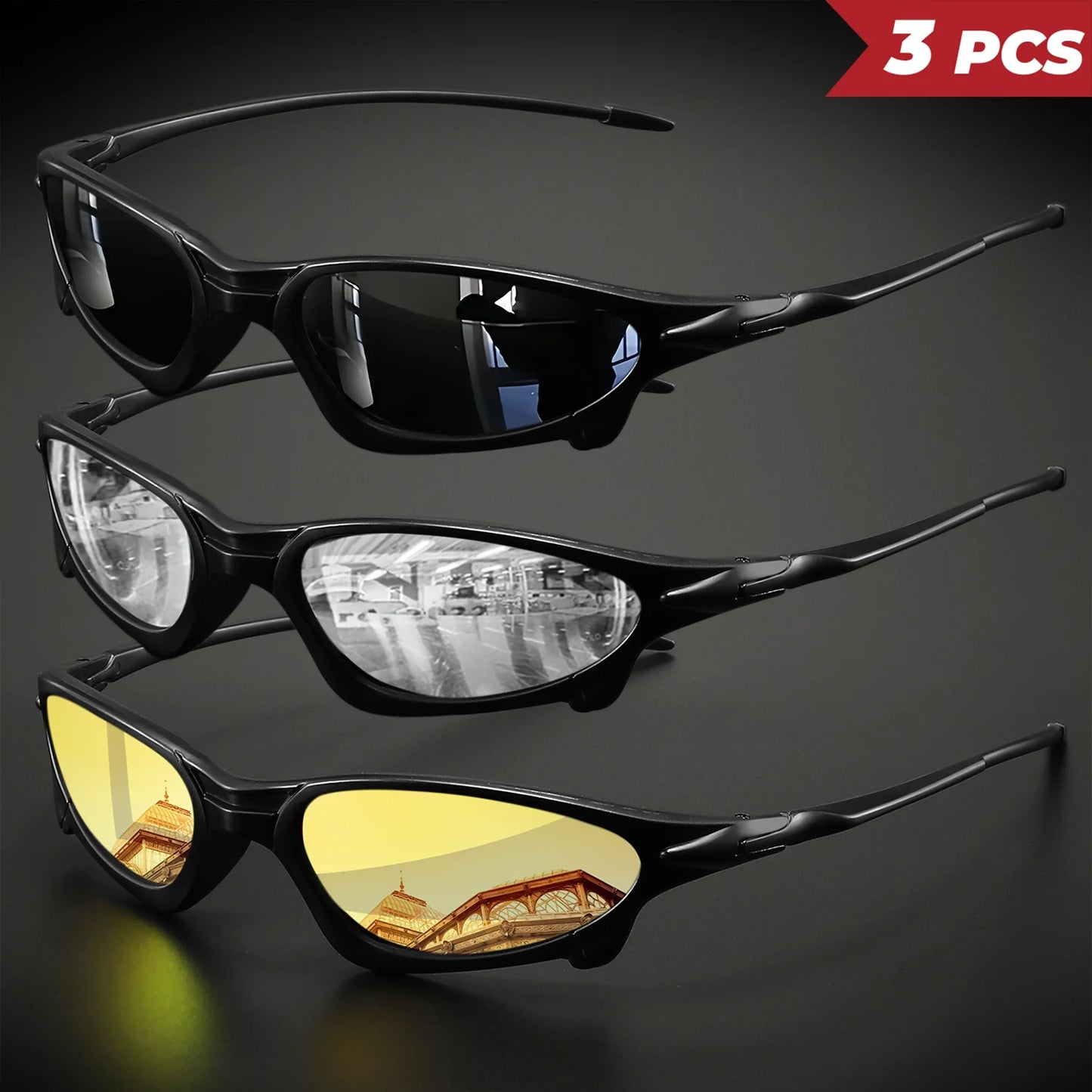 3PCS Futuristic Small Frame Colorful Sports Sunglasses - Wraparound Fit, UV400 for Cycling, Fishing & Travel