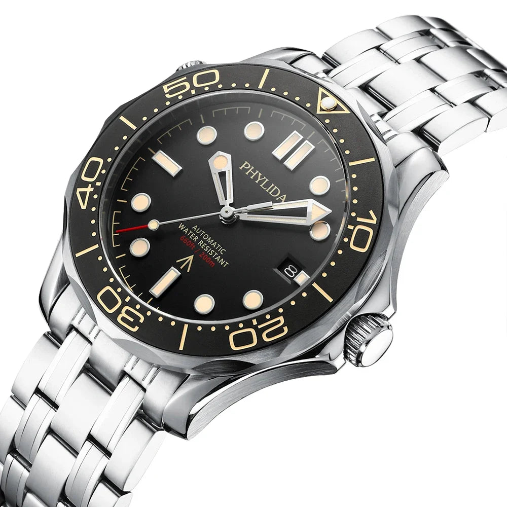 PHYLIDA Black Dial PT5000 MIYOTA Automatic Watch DIVER 200M 007 NTTD Style Sapphire Crystal Solid Bracelet Waterproof 20Bar