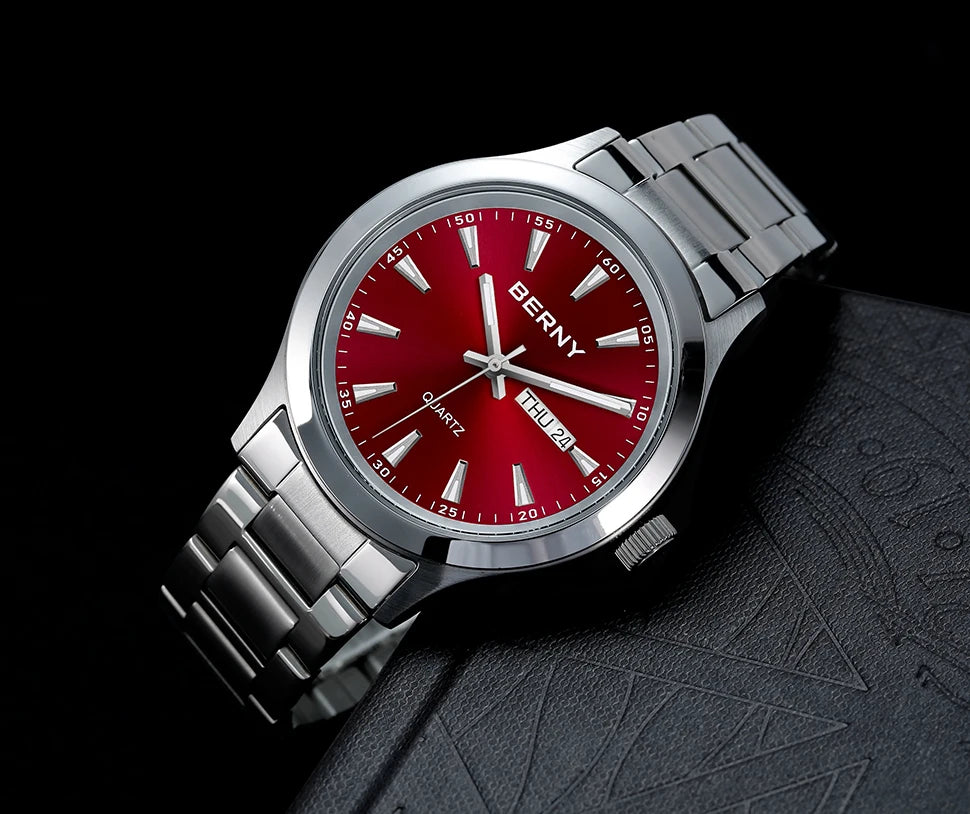 BERNY Men Quartz Watch  Fashion Texture Wristwatch for Men Ultra Thin Men Watch Calendar Luminous Stainless Steel Dress Watches