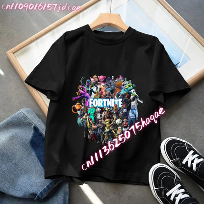 Fortnites Kids Black Cotton T Shirt Fortress Night Baby Short Sleeve Tees Shirt Cartoon Boy Girl Summer Clothes Kawaii Tops Gift
