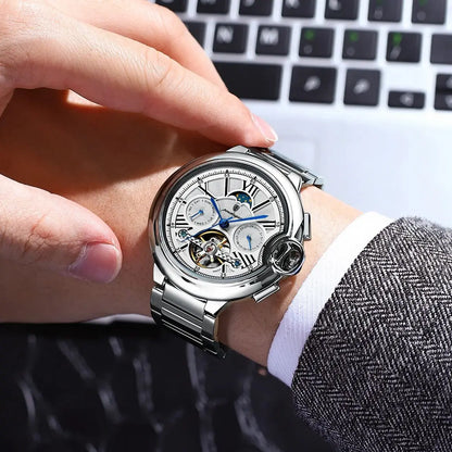POEDAGAR Luxury Male Watch Tourbillon Date Week Stainless Steel Men Watch Waterproof Automatic Mechanical Military Men's Watches