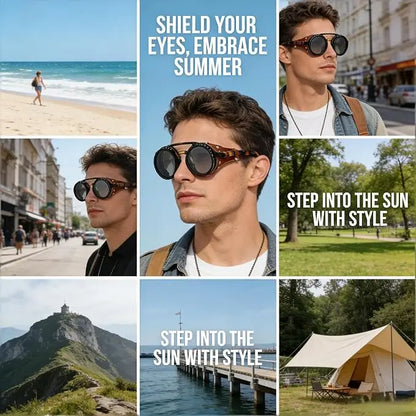 Adjustable 9-Gear ND Filter Steampunk Sunglasses UV400 Round Retro Punk Sun Glasses with Side Shields Leather Patch for Men Wome
