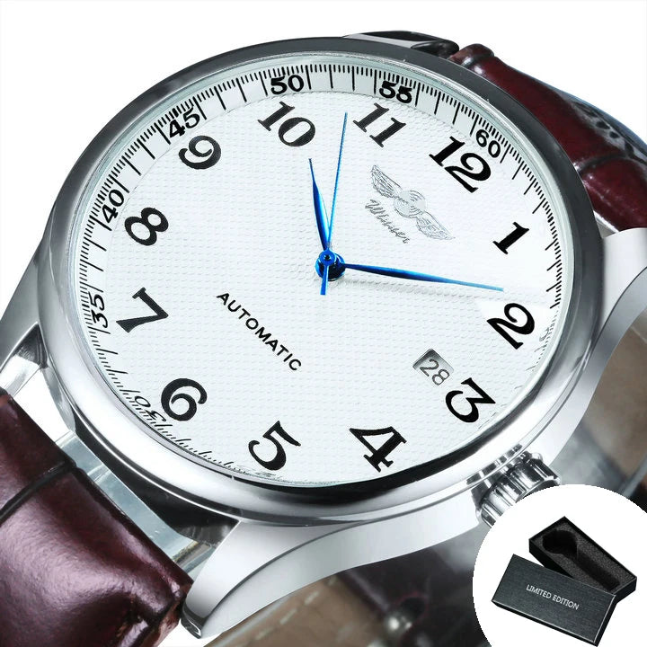 Montre classique pour homme – Style rétro avec calendrier et aiguilles bleues, mouvement mécanique automatique, marque de prestige, boîtier en acier et bracelet en cuir