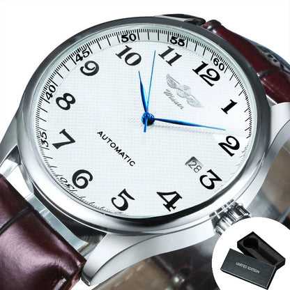 Montre classique pour homme – Style rétro avec calendrier et aiguilles bleues, mouvement mécanique automatique, marque de prestige, boîtier en acier et bracelet en cuir