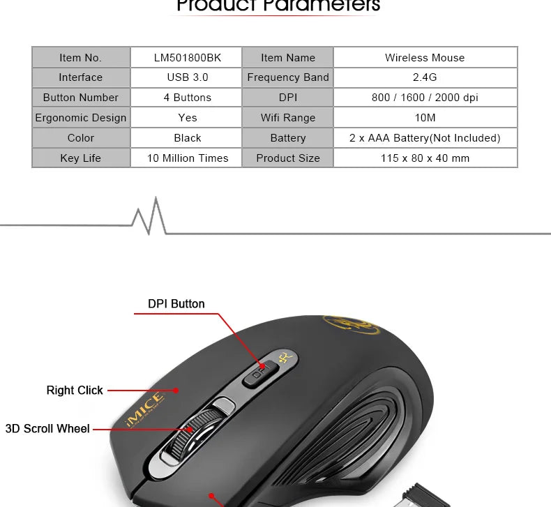 New Wireless Mouse 2000DPI Adjustable USB 3.0 Receiver Optical Computer Mouse 2.4GHz Gaming Mice Ergonomic Design For Laptop