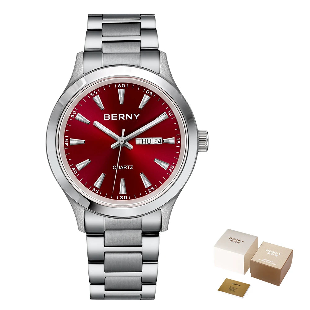 BERNY Men Quartz Watch  Fashion Texture Wristwatch for Men Ultra Thin Men Watch Calendar Luminous Stainless Steel Dress Watches