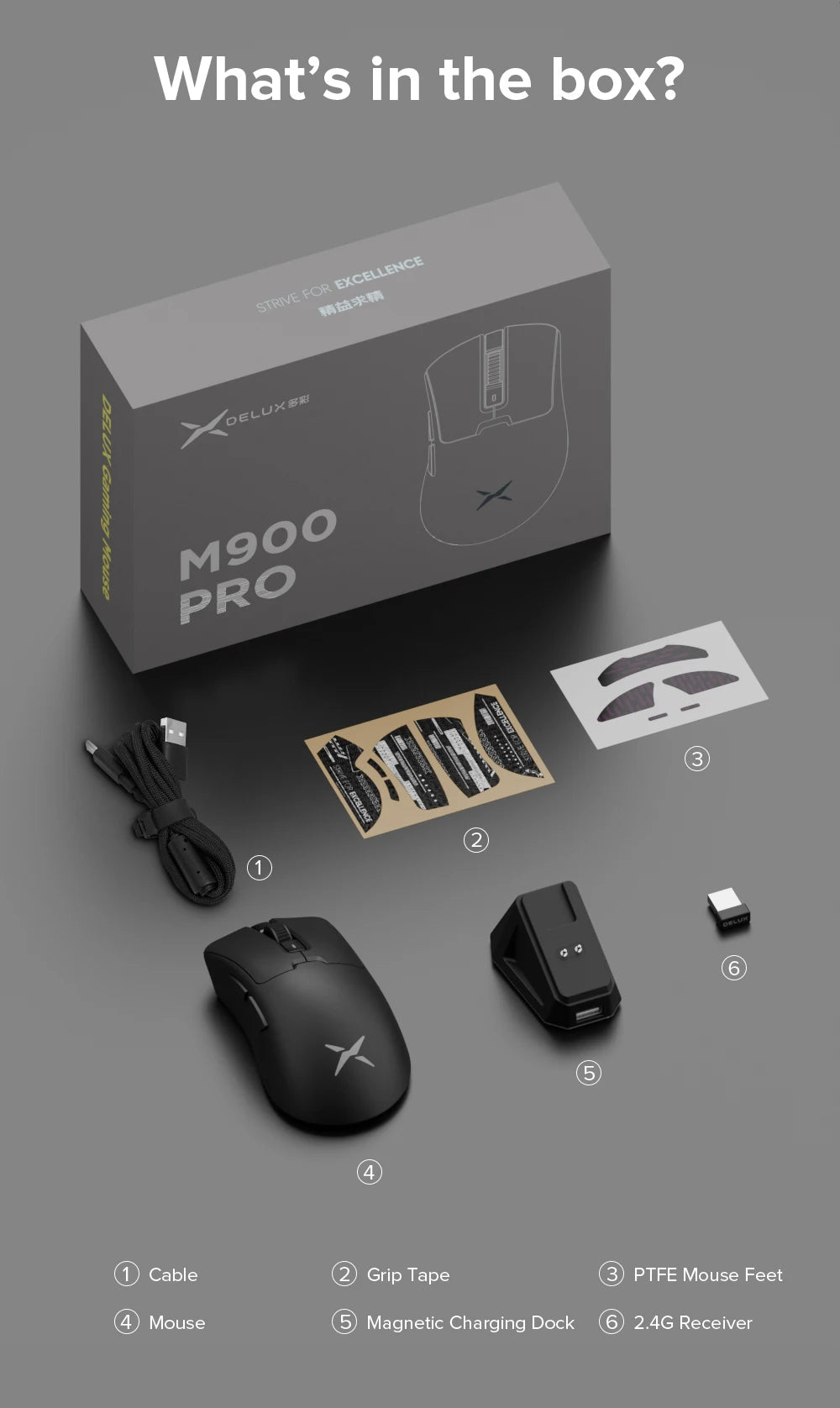Delux M900Pro Ergonomic Wireless Gaming Mouse 8K PAW3395 Magnetic RGB Charging Dock Rechargeable Wired Mice for Big Hand PC