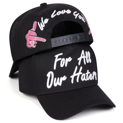 Czapki z daszkiem unisex z haftem „FOR ALL OUR HATERS” – wiosna, jesień, na świeżym powietrzu, regulowane, codzienne, chroniące przed słońcem, czapki sportowe