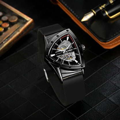 Orologio automatico da uomo WINNER, design scheletrato triangolare, lancette luminescenti, cinturino in gomma, stile militare, orologio meccanico di lusso