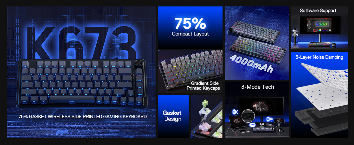 Redragon K724 PRO Wireless Gasket Gaming Hot-Swap South-Facing RGB Socket, Gradient PBT Keycaps Keyboard
